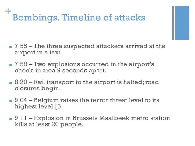 Bombings. Timeline of attacks 7:55 – The three suspected attackers arrived at the