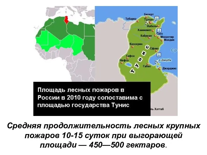 Средняя продолжительность лесных крупных пожаров 10-15 суток при выгорающей площади — 450—500 гектаров.