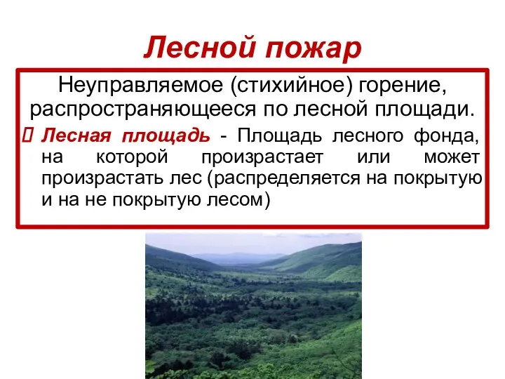 Лесной пожар Неуправляемое (стихийное) горение, распространяющееся по лесной площади. Лесная