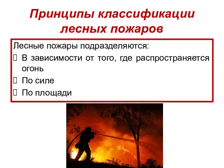 Принципы классификации лесных пожаров Лесные пожары подразделяются: В зависимости от