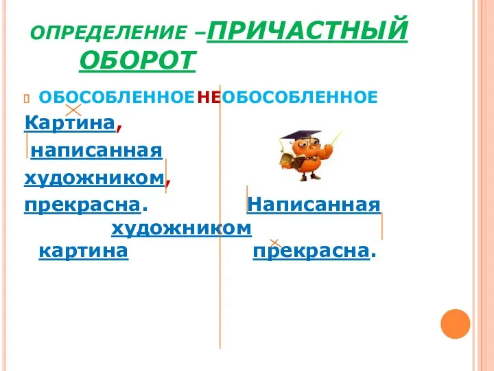 ОПРЕДЕЛЕНИЕ –ПРИЧАСТНЫЙ ОБОРОТ ОБОСОБЛЕННОЕ НЕОБОСОБЛЕННОЕ Картина, написанная художником, прекрасна. Написанная художником картина прекрасна.