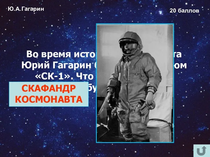 Ю.А.Гагарин 20 баллов Во время исторического полёта Юрий Гагарин был