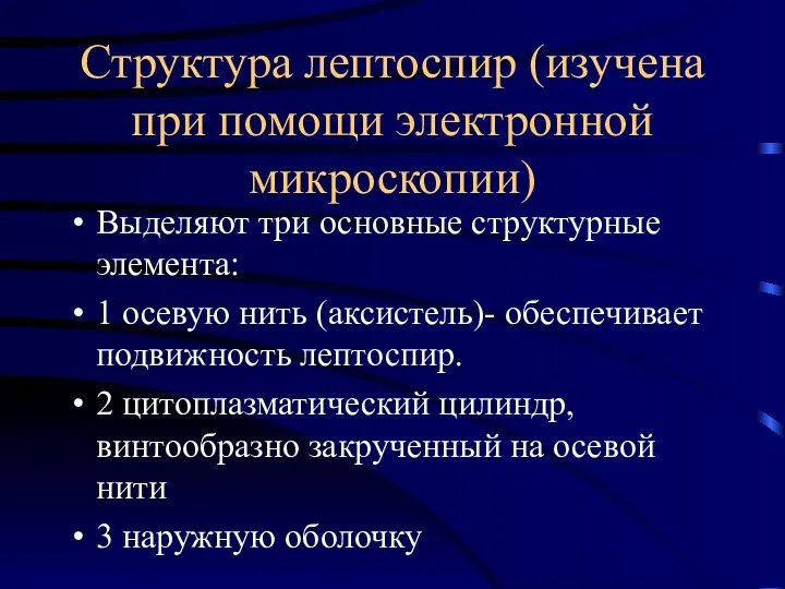 Структура лептоспир (изучена при помощи электронной микроскопии) Выделяют три основные структурные элемента: 1