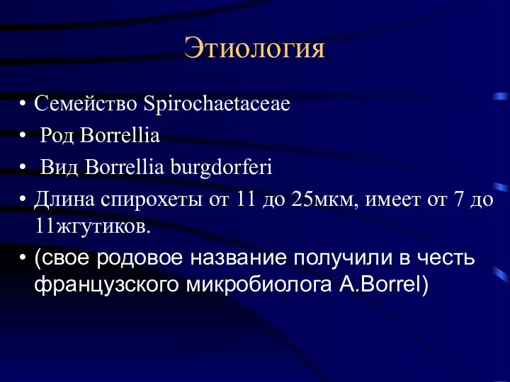Этиология Семейство Spirochaetaceae Род Borrellia Вид Borrellia burgdorferi Длина спирохеты от 11 до