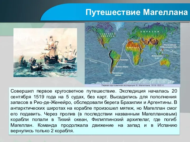 Путешествие Магеллана Совершил первое кругосветное путешествие. Экспедиция началась 20 сентября