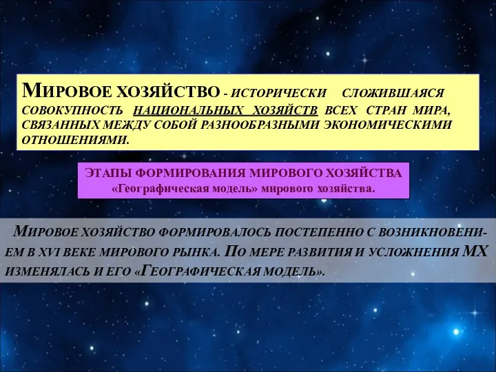 МИРОВОЕ ХОЗЯЙСТВО - ИСТОРИЧЕСКИ СЛОЖИВШАЯСЯ СОВОКУПНОСТЬ НАЦИОНАЛЬНЫХ ХОЗЯЙСТВ ВСЕХ СТРАН