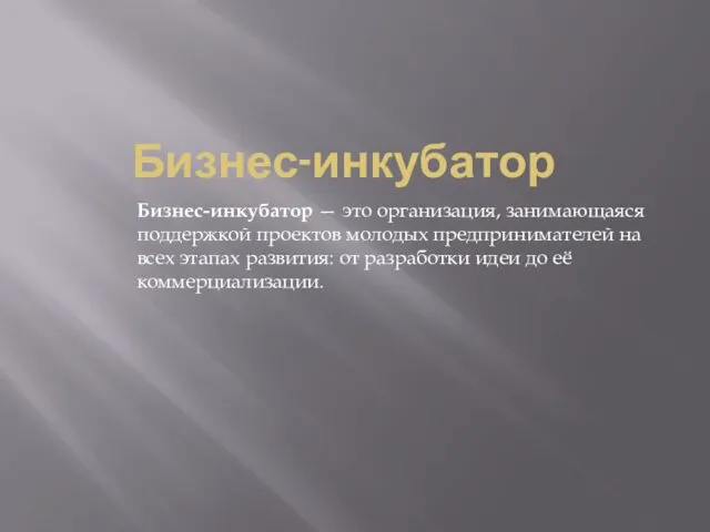 Бизнес-инкубатор Бизнес-инкубатор — это организация, занимающаяся поддержкой проектов молодых предпринимателей