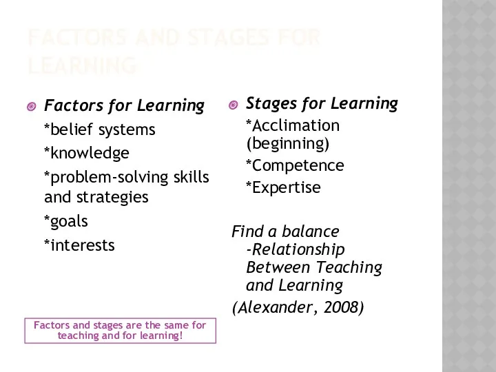 FACTORS AND STAGES FOR LEARNING Factors and stages are the same for teaching