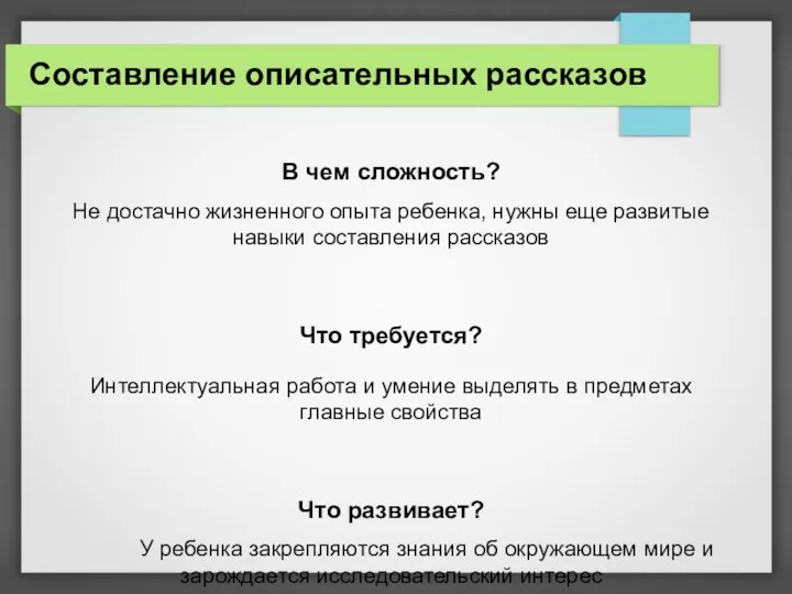 Составление описательных рассказов В чем сложность? Не достачно жизненного опыта