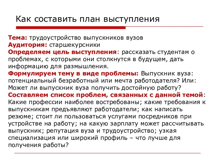 Как составить план выступления Тема: трудоустройство выпускников вузов Аудитория: старшекурсники Определяем цель выступления: