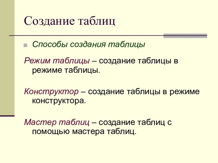 Создание таблиц Способы создания таблицы Режим таблицы – создание таблицы