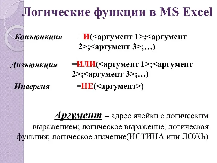 Логические функции в MS Excel Конъюнкция =И( ; ; ;…)