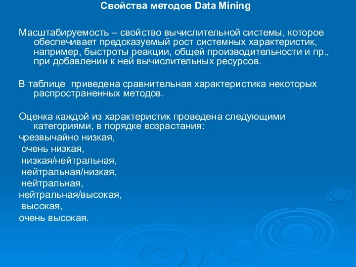 Свойства методов Data Mining Масштабируемость – свойство вычислительной системы, которое