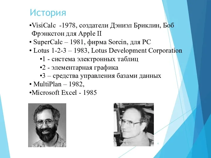 История VisiCalc -1978, создатели Дэниэл Бриклин, Боб Фрэнкстон для Apple
