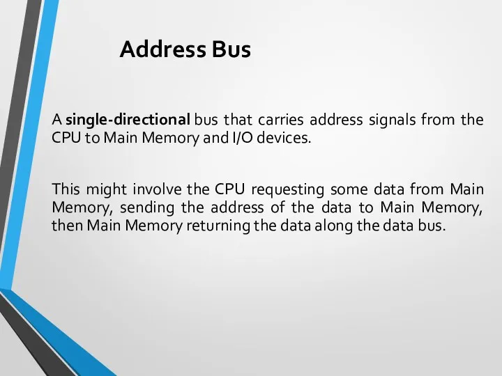 Address Bus A single-directional bus that carries address signals from the CPU to