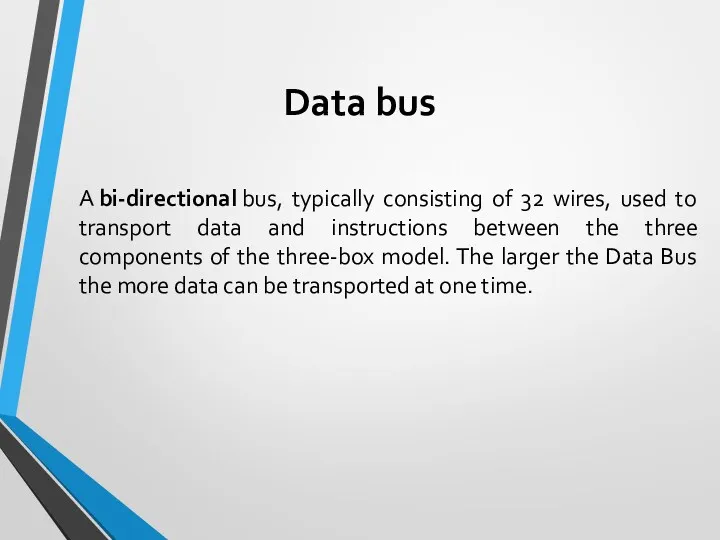 Data bus A bi-directional bus, typically consisting of 32 wires,