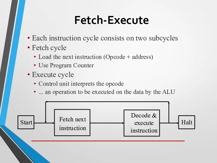 Fetch-Execute Each instruction cycle consists on two subcycles Fetch cycle Load the next