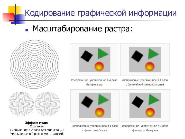 Кодирование графической информации Масштабирование растра: Эффект муара Оригинал Уменьшение в