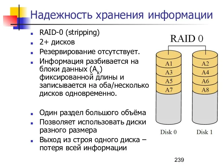 Надежность хранения информации RAID-0 (stripping) 2+ дисков Резервирование отсутствует. Информация