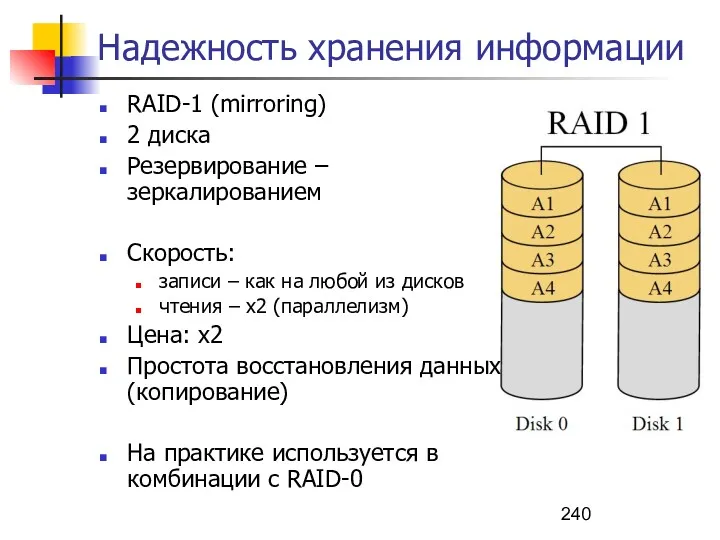 Надежность хранения информации RAID-1 (mirroring) 2 диска Резервирование – зеркалированием