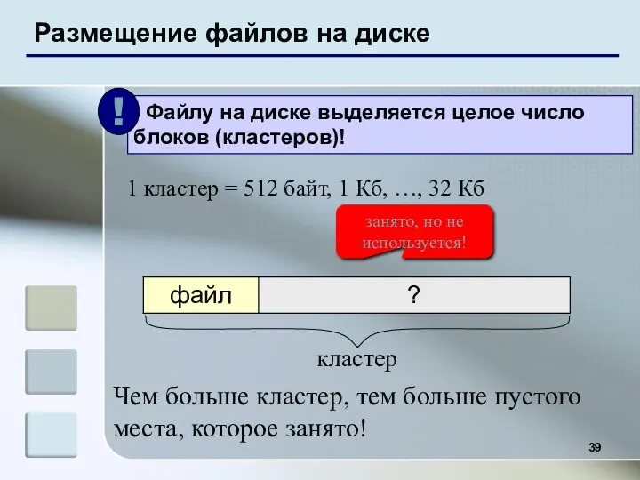 Размещение файлов на диске 1 кластер = 512 байт, 1