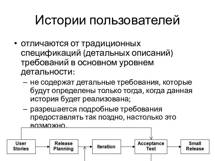 Истории пользователей отличаются от традиционных спецификаций (детальных описаний) требований в