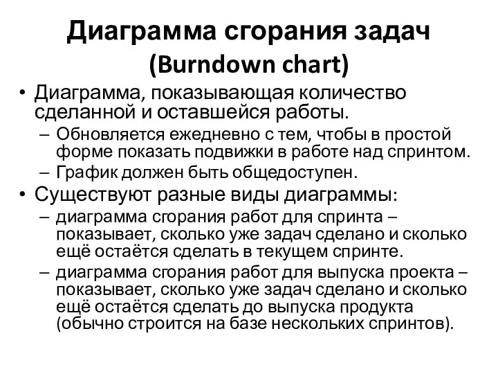 Диаграмма сгорания задач (Burndown chart) Диаграмма, показывающая количество сделанной и