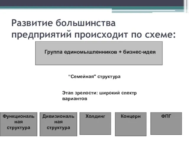 Развитие большинства предприятий происходит по схеме: Группа единомышленников + бизнес-идея