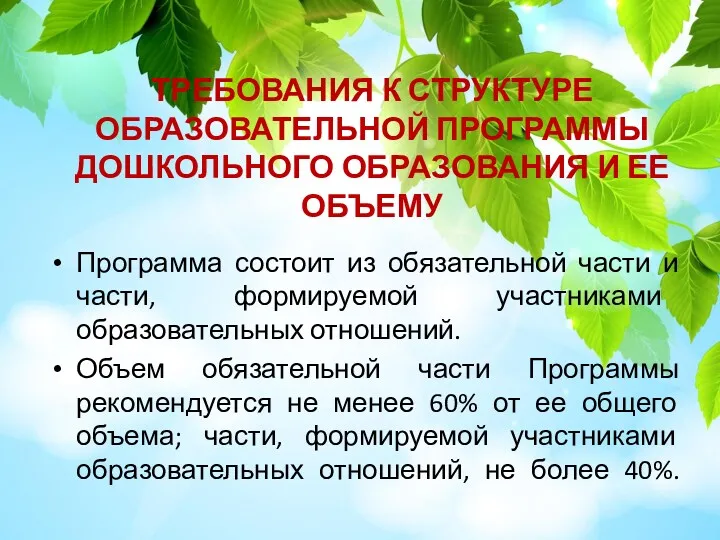 ТРЕБОВАНИЯ К СТРУКТУРЕ ОБРАЗОВАТЕЛЬНОЙ ПРОГРАММЫ ДОШКОЛЬНОГО ОБРАЗОВАНИЯ И ЕЕ ОБЪЕМУ