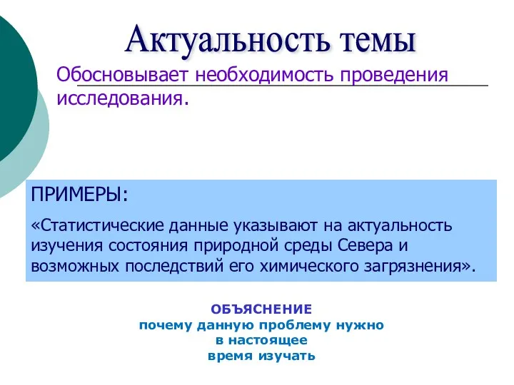 Актуальность темы Обосновывает необходимость проведения исследования. ПРИМЕРЫ: «Статистические данные указывают