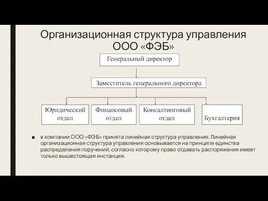 Организационная структура управления ООО «ФЭБ» в компании ООО «ФЭБ» принята линейная структура управления.