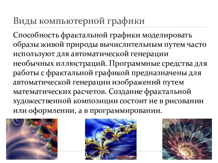 Виды компьютерной графики Способность фрактальной графики моделировать образы живой природы