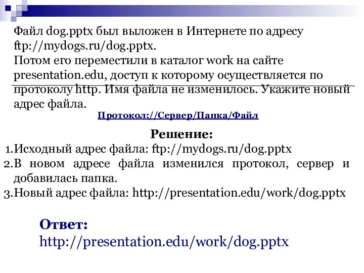 Файл dog.pptx был выложен в Интернете по адресу ftp://mydogs.ru/dog.pptx. Потом