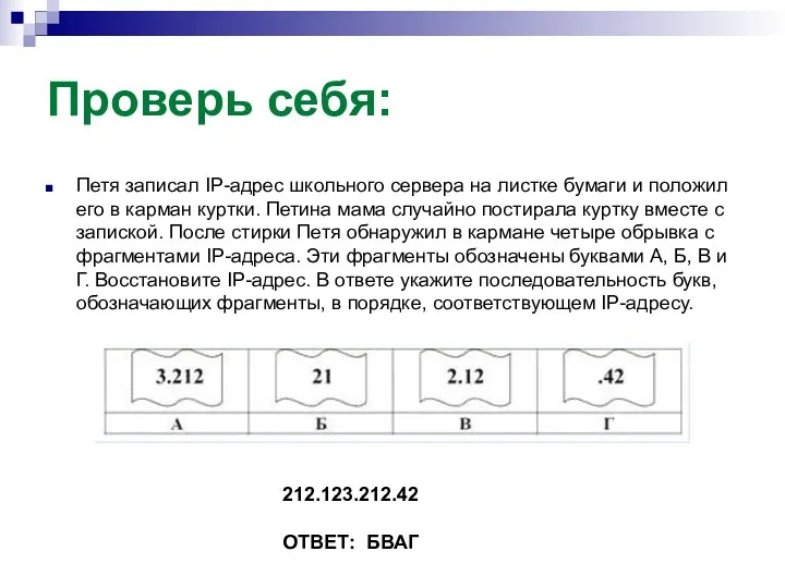 Проверь себя: Петя записал IP-адрес школьного сервера на листке бумаги