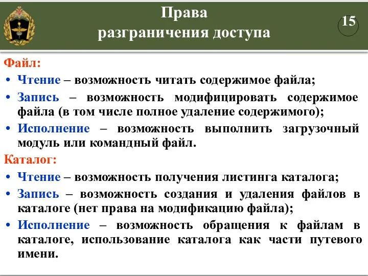 Файл: Чтение – возможность читать содержимое файла; Запись – возможность модифицировать содержимое файла