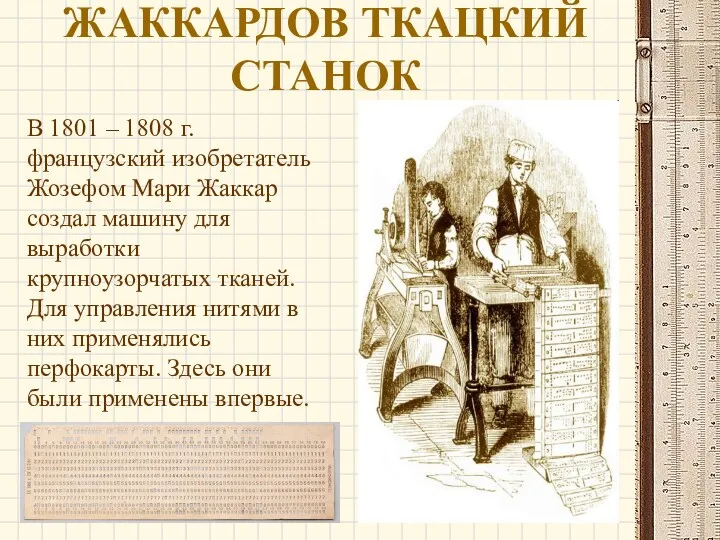 ЖАККАРДОВ ТКАЦКИЙ СТАНОК В 1801 – 1808 г. французский изобретатель