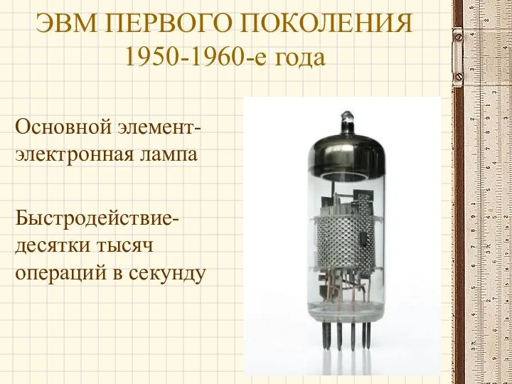 ЭВМ ПЕРВОГО ПОКОЛЕНИЯ 1950-1960-е года Основной элемент-электронная лампа Быстродействие-десятки тысяч операций в секунду