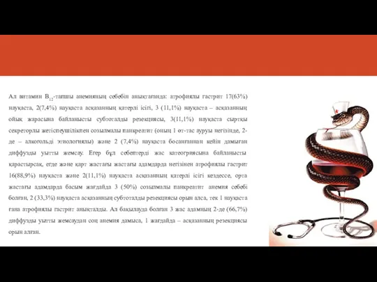 Ал витамин В12-тапшы анемияның себебін анықтағанда: атрофиялы гастрит 17(63%) науқаста,