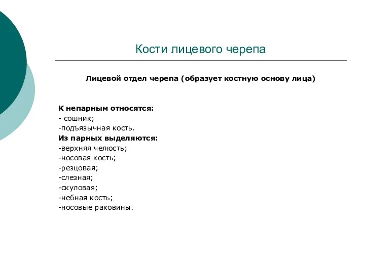 Кости лицевого черепа Лицевой отдел черепа (образует костную основу лица)