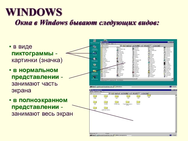 WINDOWS Окна в Windows бывают следующих видов: в виде пиктограммы