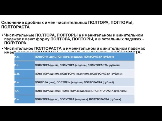 Склонение дробных имён числительных ПОЛТОРА, ПОЛТОРЫ, ПОЛТОРАСТА Числительные ПОЛТОРА, ПОЛТОРЫ