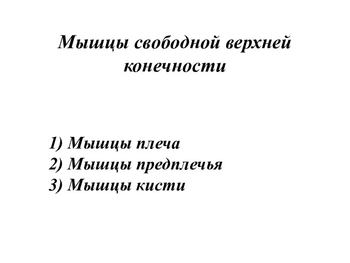 Мышцы свободной верхней конечности 1) Мышцы плеча 2) Мышцы предплечья 3) Мышцы кисти