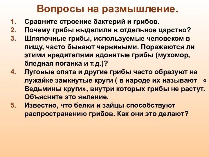 Вопросы на размышление. Сравните строение бактерий и грибов. Почему грибы