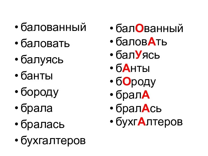 балованный баловать балуясь банты бороду брала бралась бухгалтеров балОванный баловАть балУясь бАнты бОроду бралА бралАсь бухгАлтеров