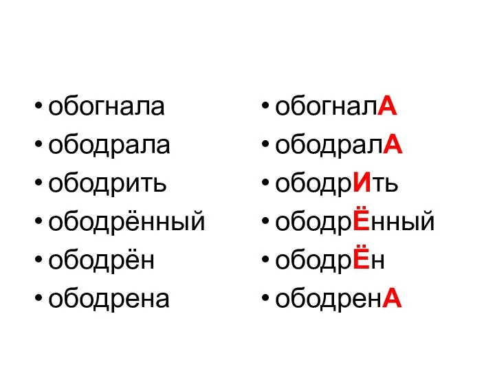 обогнала ободрала ободрить ободрённый ободрён ободрена обогналА ободралА ободрИть ободрЁнный ободрЁн ободренА