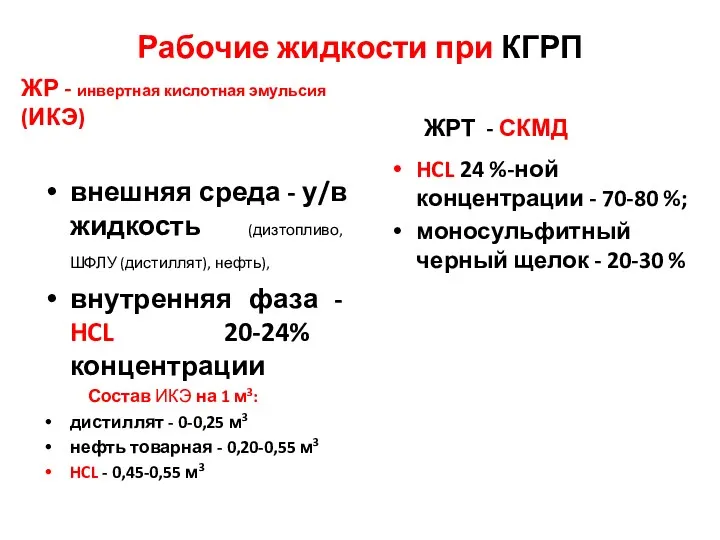 Рабочие жидкости при КГРП ЖР - инвертная кислотная эмульсия (ИКЭ)