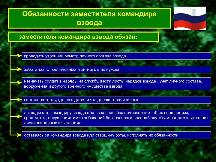 Обязанности командира отделения заместителя командира взвода обязан: проводить утренний осмотр