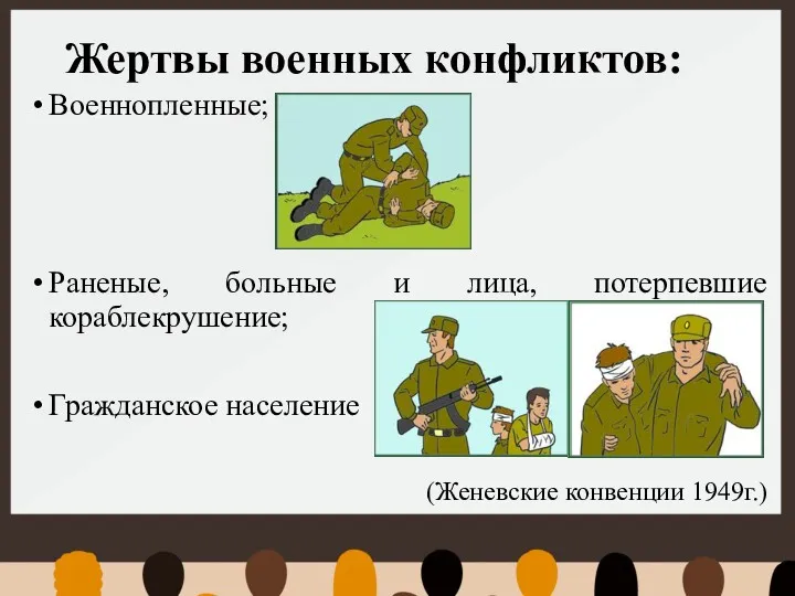 Жертвы военных конфликтов: Военнопленные; Раненые, больные и лица, потерпевшие кораблекрушение; Гражданское население (Женевские конвенции 1949г.)