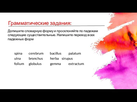 Грамматические задания: Допишите словарную форму и просклоняйте по падежам следующие