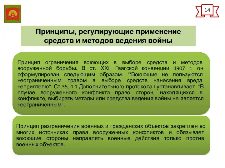 14 Принципы, регулирующие применение средств и методов ведения войны